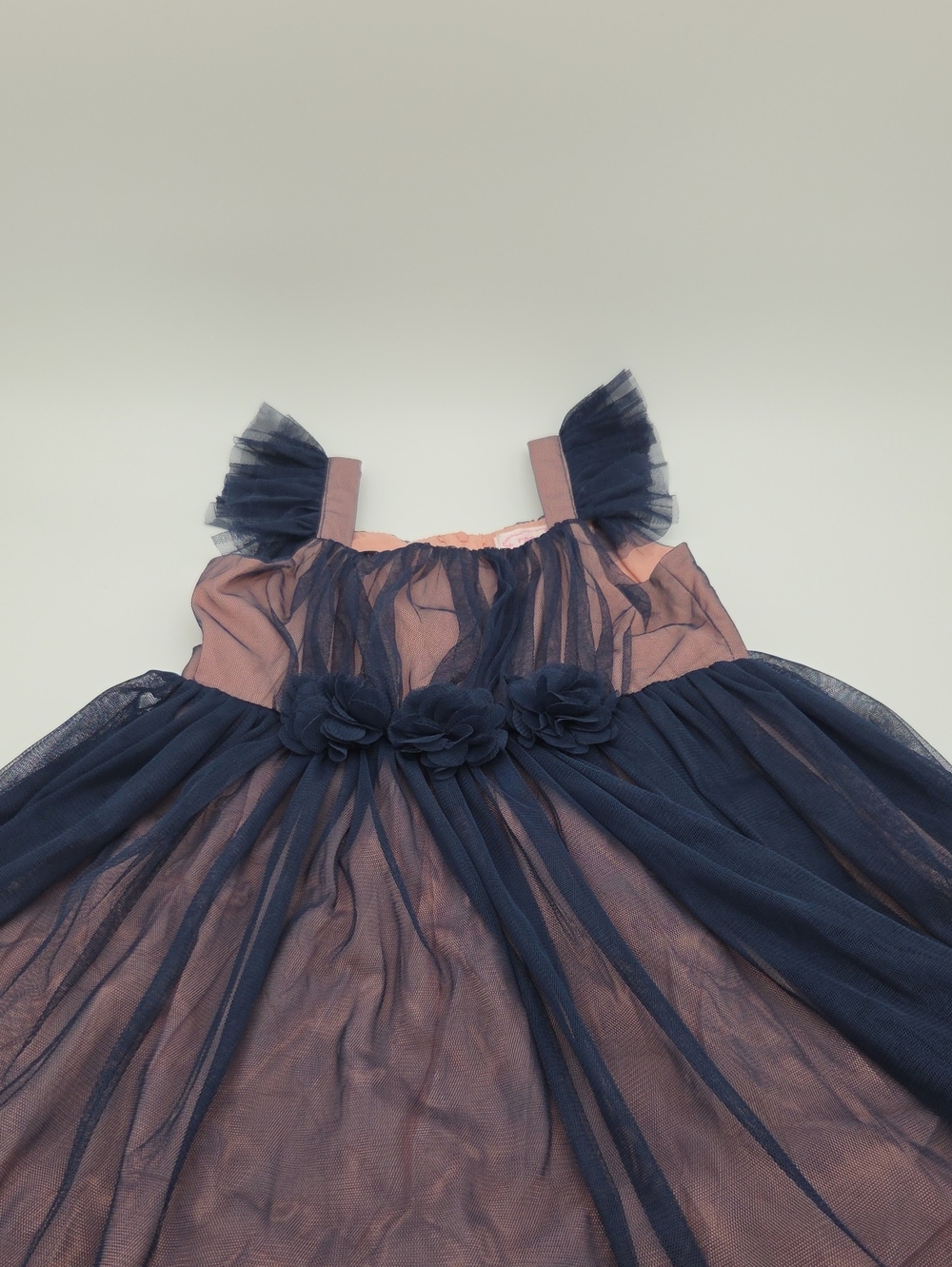 Navy Tulle Overlay Pink Party Dress with Floral Waist